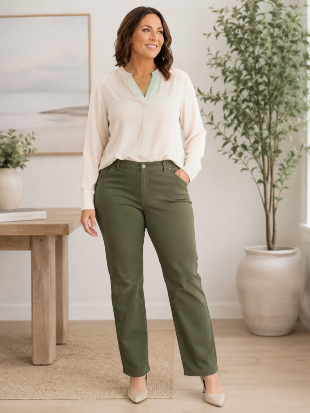 82.Liverpool Women's Straight Leg Career Casual Pants Olive Green Strech Size 1
